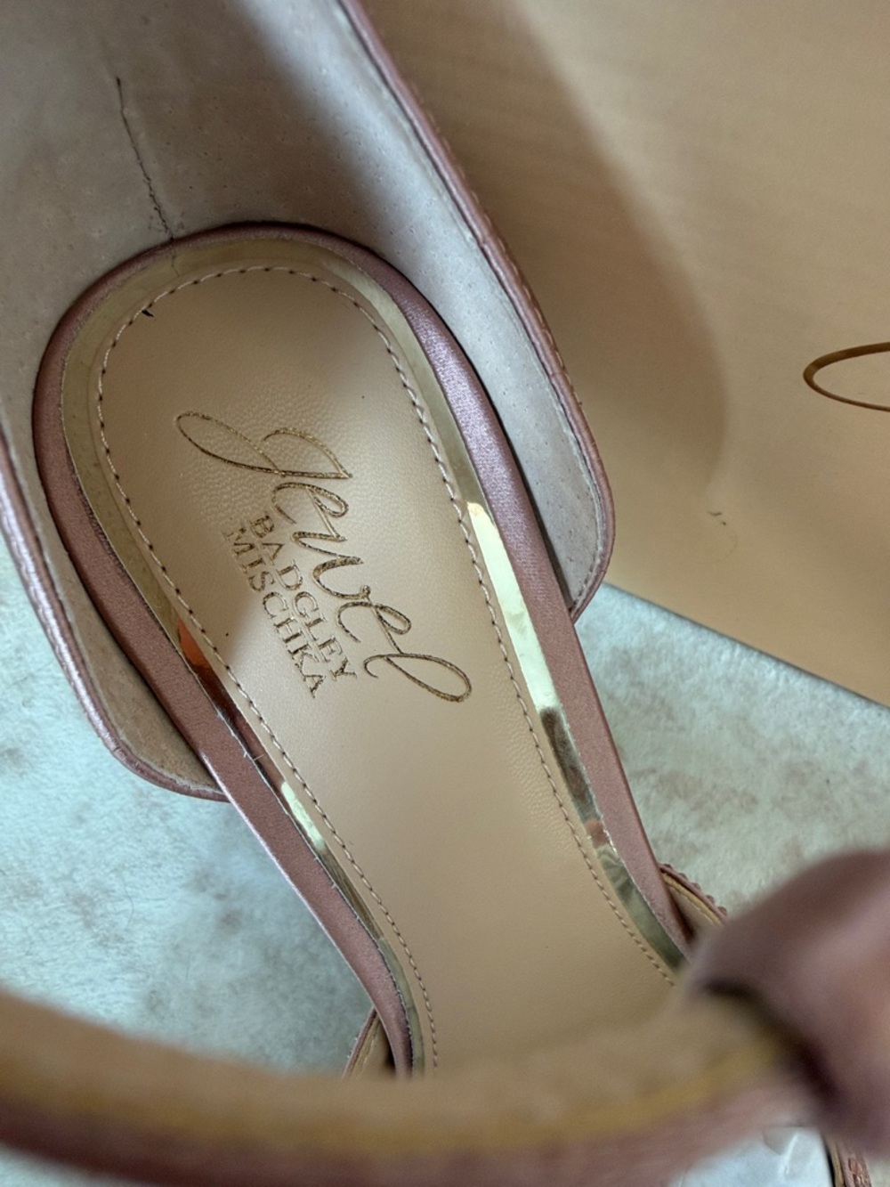 Badgley Mischka Blush Pink T-Strap Pointed Toe Heels with Crystal Accents - Picture 4 of 6